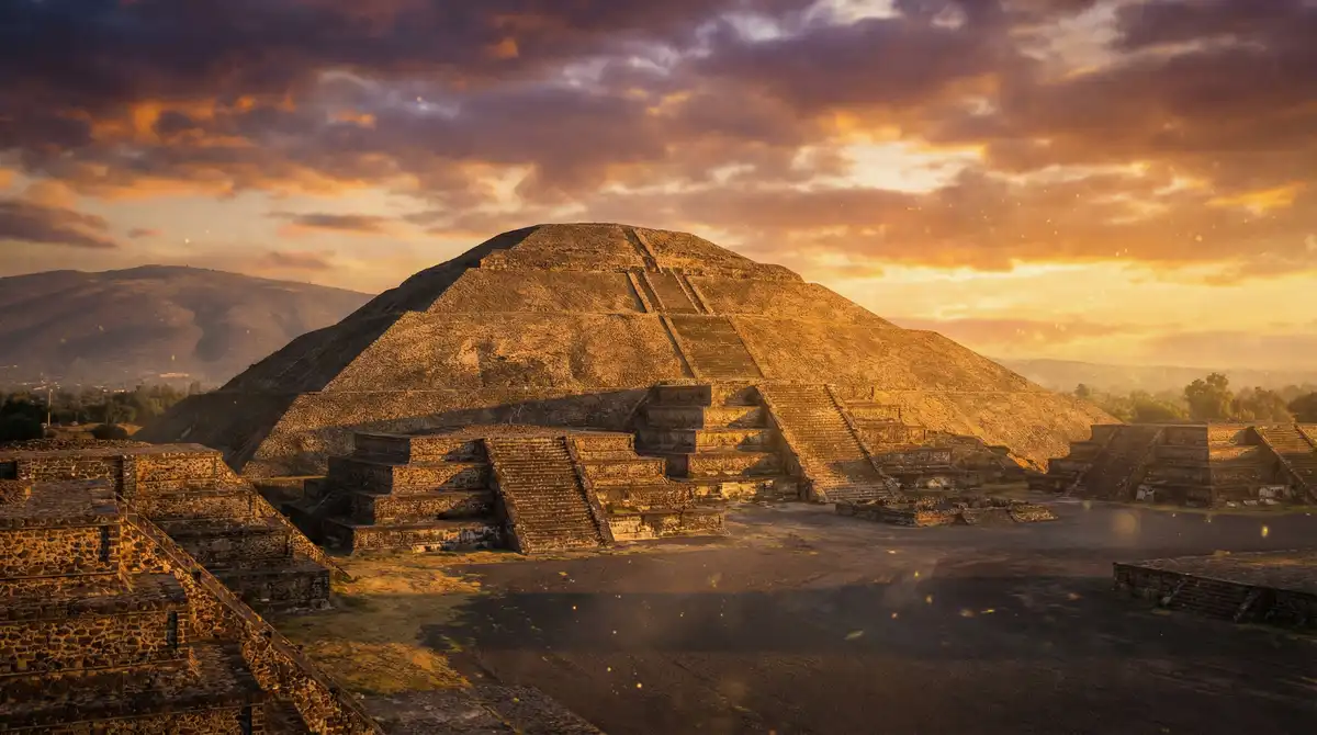 Vista panorámica de las pirámides de Teotihuacán al atardecer representando la grandeza de BetMexico Casinos